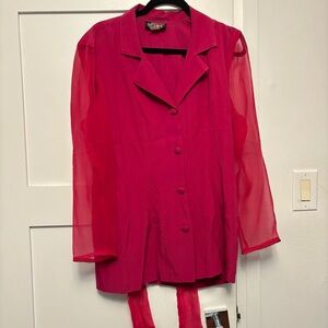 Vintage 90s WRAPPER Hot Pink Sheer Sleeve Blouse - Barbiecore Bow Back